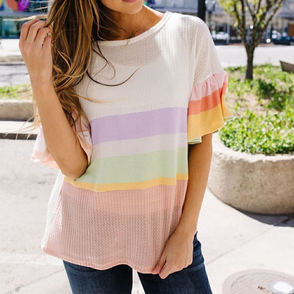 Celeste Waffle Knit Rainbow Striped Top